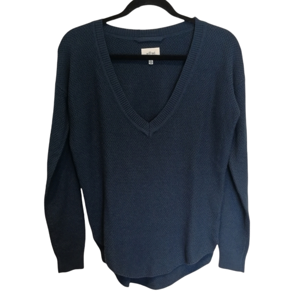 WILFRED Galois Sweater V-neck Blue Waffle Cashmere Silk Cotton XXS Aritzia BNWT